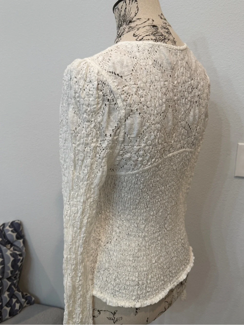 Free People White Lace Square-Neck Smocked Long-Sleeve Top